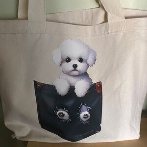 Large canvas tote with Bichon puppy or poodle Dog Canvas Tote Bag -